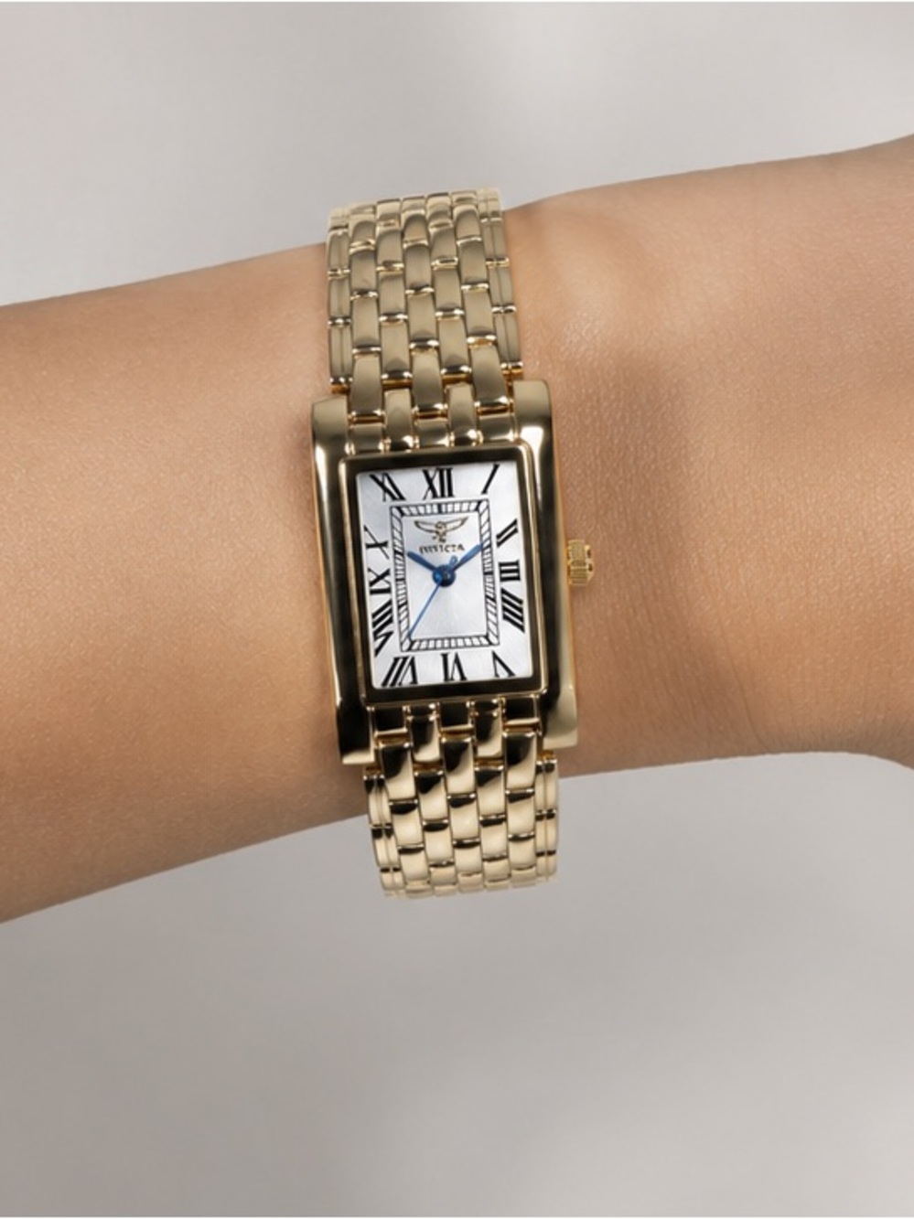 Invicta Gold Rectangular Bracelet Watch with Blue Accents